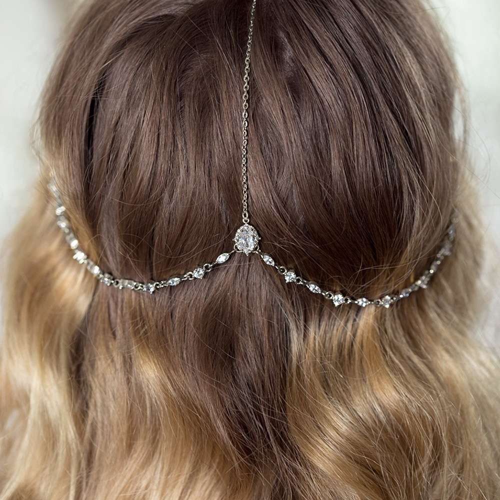 Water Drop Forehead Chain, Boho Bridal Wedding Head Chain, CZ Leaf Forehead Headband Chain,  Hair Jewelry for Women, Crystal Headpiece