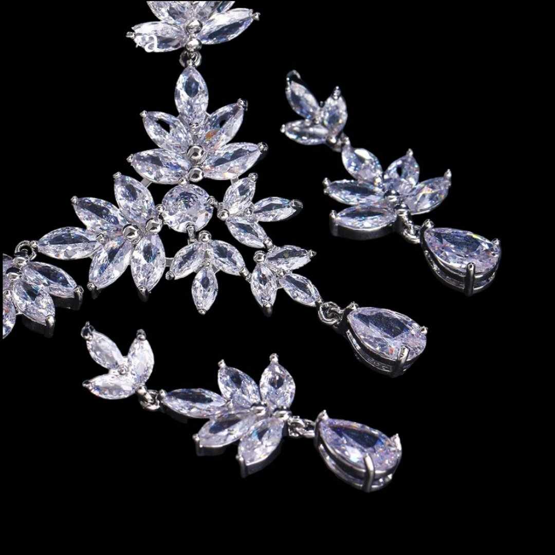 Cubic Zircon Bridal Jewelry Set | Leaves Shape Necklace | Silver Bridal Necklace and Earrings | Wedding Necklace Set | Leaf style jewellery for bride