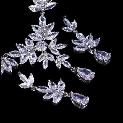 Cubic Zircon Bridal Jewelry Set | Leaves Shape Necklace | Silver Bridal Necklace and Earrings | Wedding Necklace Set | Leaf style jewellery for bride-CheekyMeeky