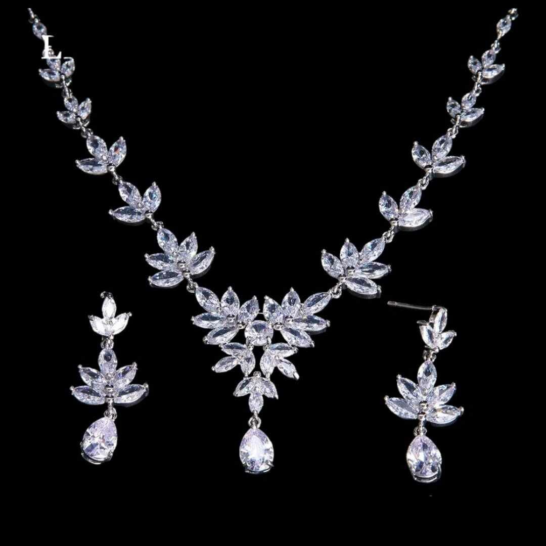 Cubic Zircon Bridal Jewelry Set | Leaves Shape Necklace | Silver Bridal Necklace and Earrings | Wedding Necklace Set | Leaf style jewellery for bride