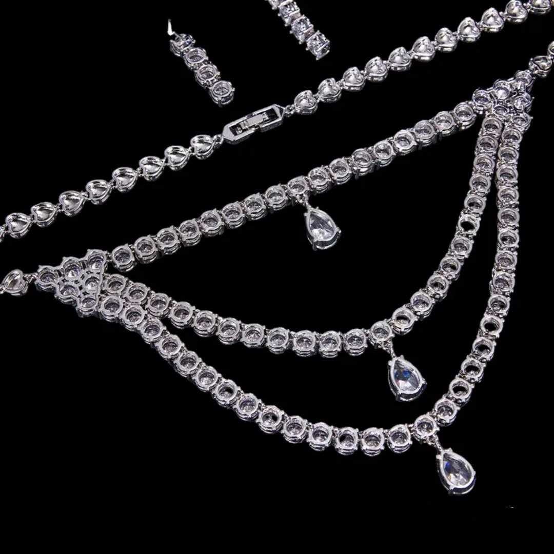Zircon Teardrop necklace earring set, Wedding Jewellery set, Bridal jewelry set, Multi layered Necklace