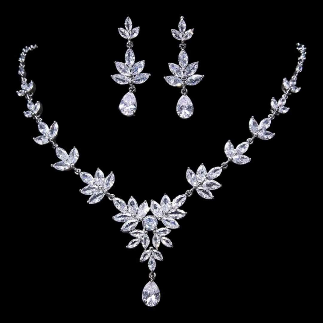 Cubic Zircon Bridal Jewelry Set | Leaves Shape Necklace | Silver Bridal Necklace and Earrings | Wedding Necklace Set | Leaf style jewellery for bride