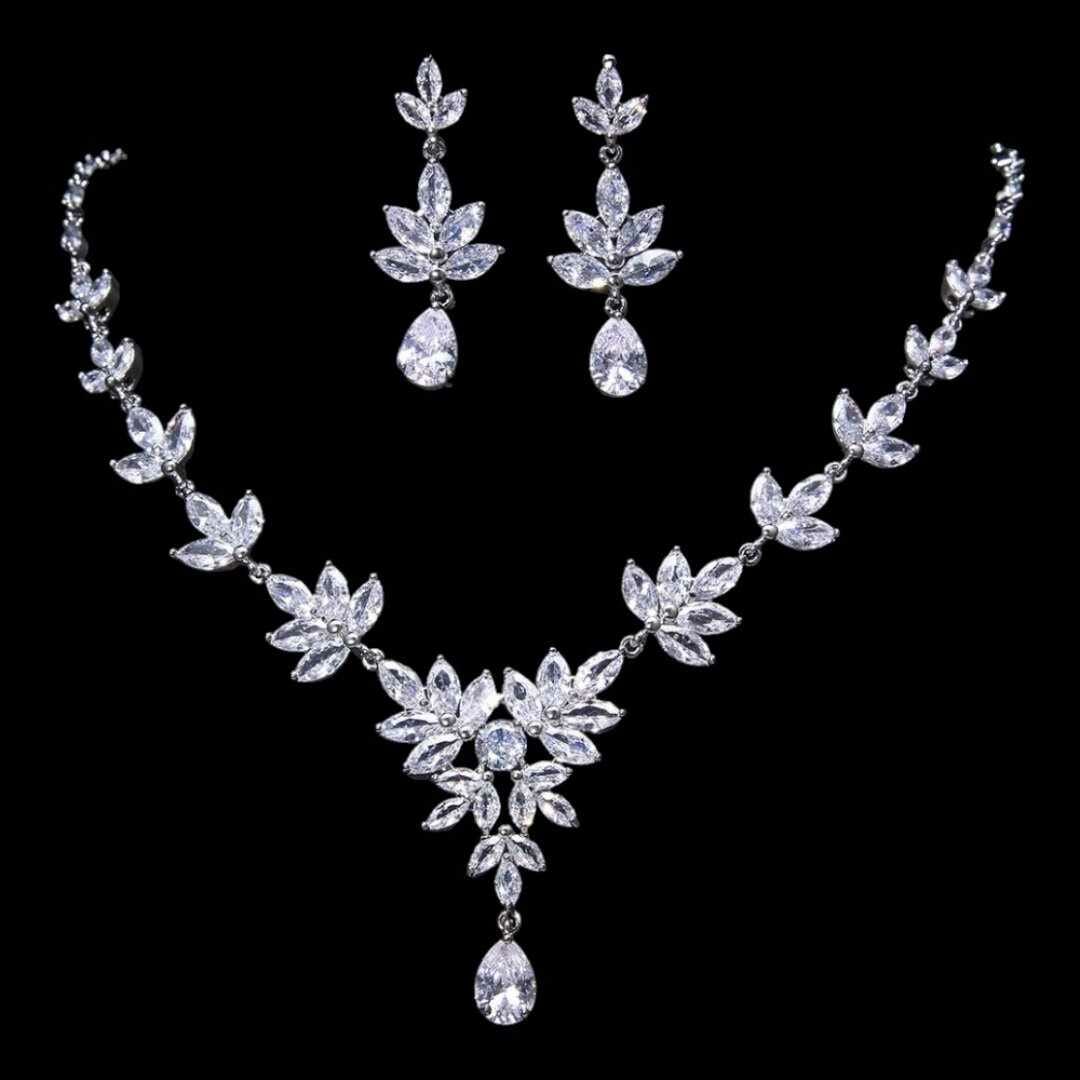 Cubic Zircon Bridal Jewelry Set | Leaves Shape Necklace | Silver Bridal Necklace and Earrings | Wedding Necklace Set | Leaf style jewellery for bride-CheekyMeeky