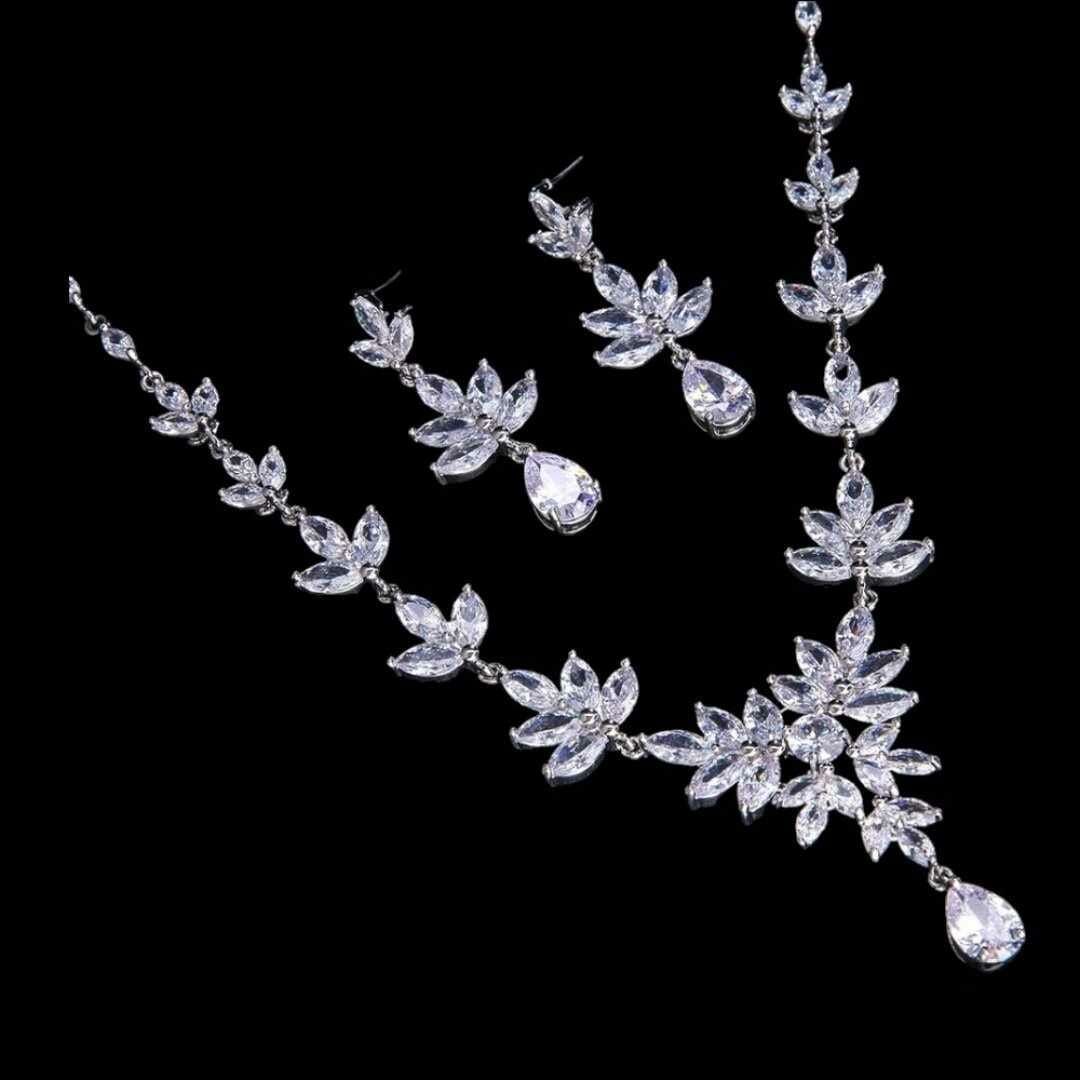 Cubic Zircon Bridal Jewelry Set | Leaves Shape Necklace | Silver Bridal Necklace and Earrings | Wedding Necklace Set | Leaf style jewellery for bride