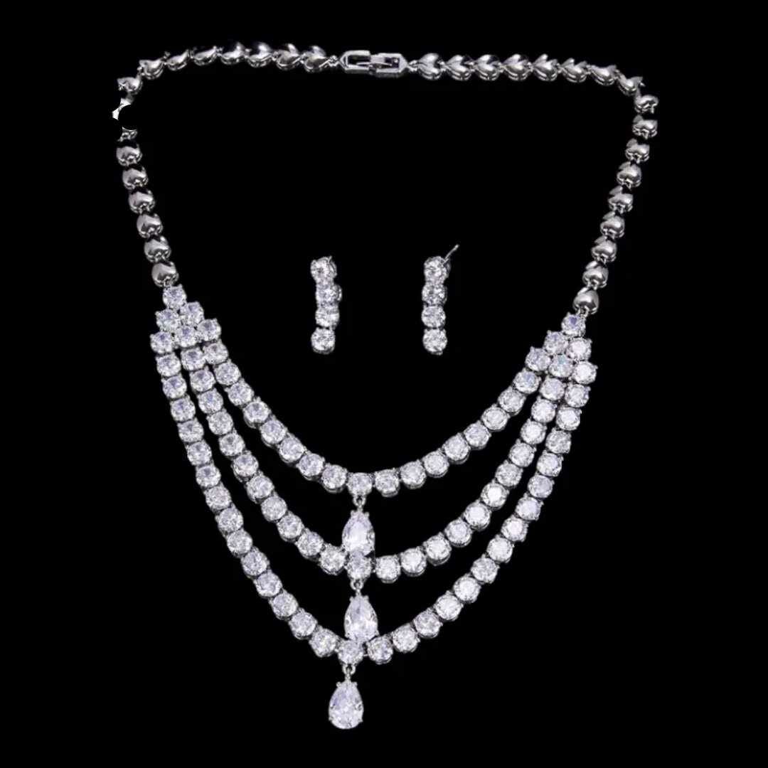 Zircon Teardrop necklace earring set, Wedding Jewellery set, Bridal jewelry set, Multi layered Necklace