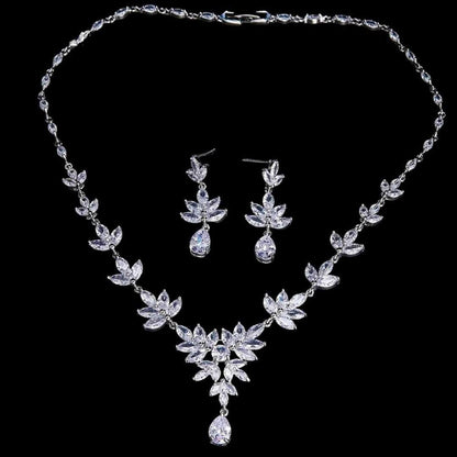 Cubic Zircon Bridal Jewelry Set | Leaves Shape Necklace | Silver Bridal Necklace and Earrings | Wedding Necklace Set | Leaf style jewellery for bride