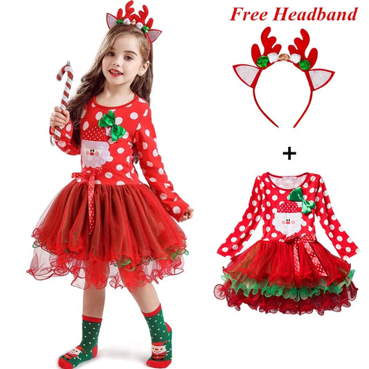 Girls Polka dot Christmas Dresses, Santa Claus Long Sleeve Winter Red Xmas Party Princess Dress Cute Kids Prom Gown-CheekyMeeky