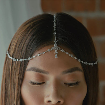 Boho Bridal Head Chain Exquisite Cubic Leaf Forehead Headband Chain Hair Jewellery for Women Headpiece Bridal Wedding Head Chain