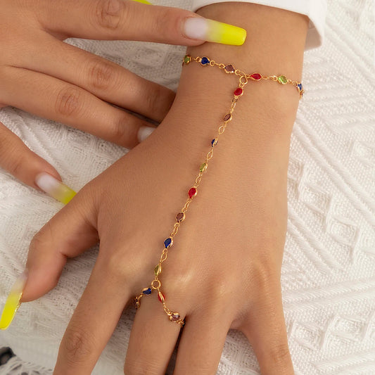 Boho Hand Bracelet | Crystal Finger Bracelet | Gold Bracelet | Colourful Chains Bracelet Jewellery | Ring Bracelet | Gold Hand Chain