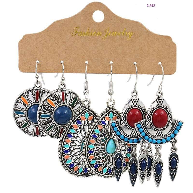 Boho Geometry Flower Crystal Tassel Long Drop Earrings Set For Women Vintage Ethnic Multicolor Beads Feather Earrings Jewelry