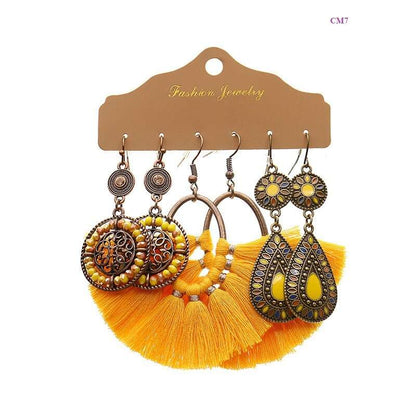 Boho Geometry Flower Crystal Tassel Long Drop Earrings Set For Women Vintage Ethnic Multicolor Beads Feather Earrings Jewelry