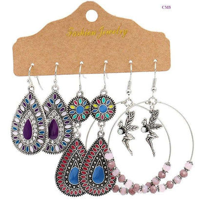 Boho Geometry Flower Crystal Tassel Long Drop Earrings Set For Women Vintage Ethnic Multicolor Beads Feather Earrings Jewelry