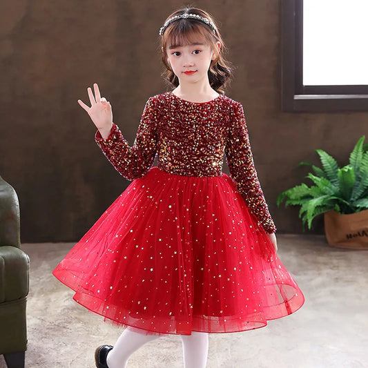 Girls Princess Dress Evening Party Festival Christmas Long Sleeve Skirt Sequins Mesh Dress Formal Party Dress Velvet Red-CheekyMeeky