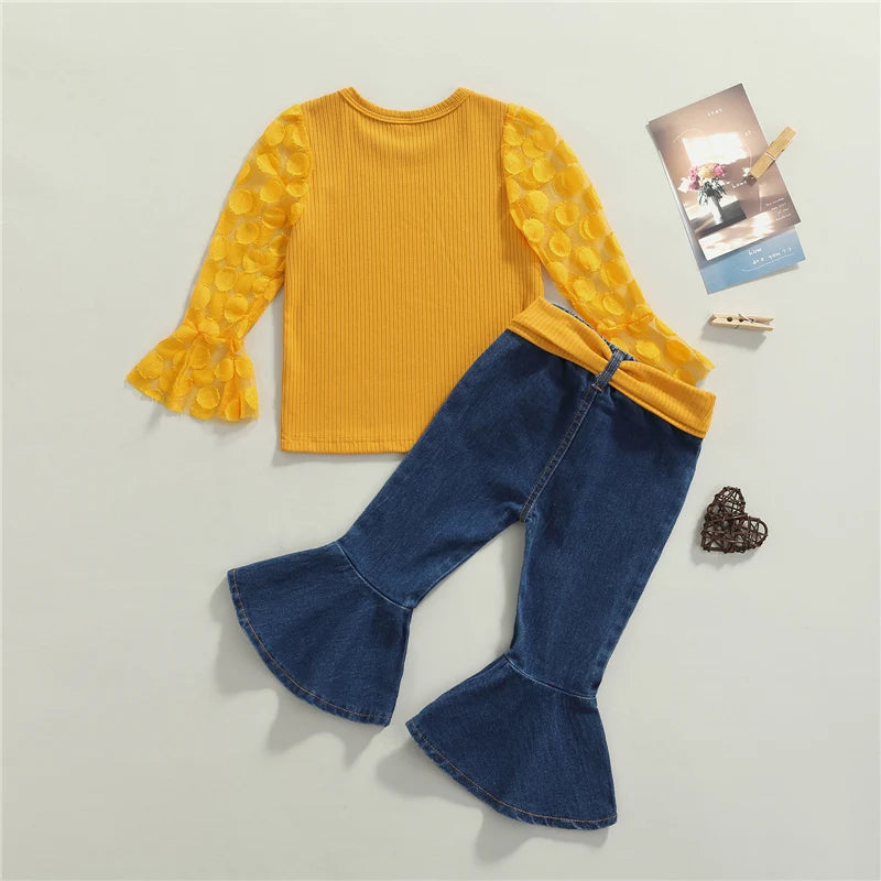Girl Clothes Set Long Sleeve Crops Tops Lace Shirt Flare Pants / Girls Summer clothes/Girls Casual set