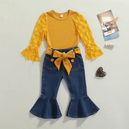 Girl Clothes Set Long Sleeve Crops Tops Lace Shirt Flare Pants / Girls Summer clothes/Girls Casual set