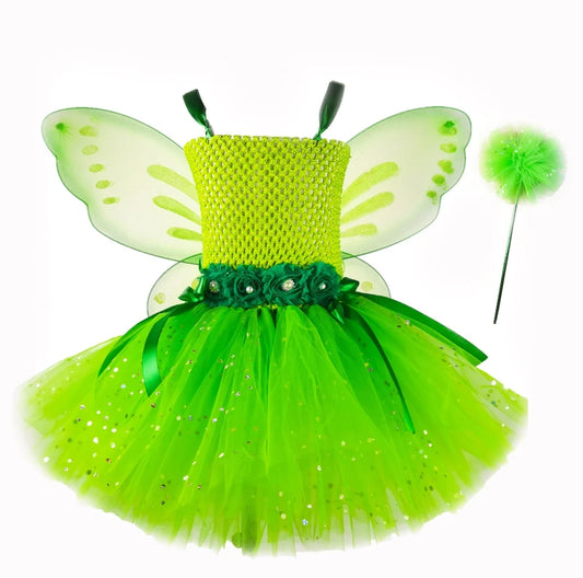 Fairy dress with wings, Sparkly Green Fairy Dress, Garden Fairy Dress, girls Dresses, girls Tutu Dress