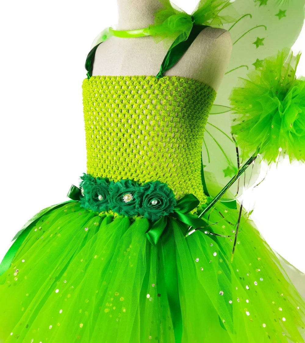 Fairy dress with wings, Sparkly Green Fairy Dress, Garden Fairy Dress, girls Dresses, girls Tutu Dress-CheekyMeeky