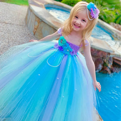 Mermaid Pearl Flower Dress with Hairbow Girls Tutu Dress Mermaid Tutu Dress | Mermaid Dress | Mermaid Outfit-CheekyMeeky