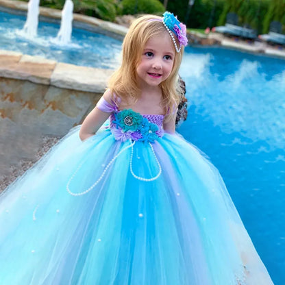 Mermaid Pearl Flower Dress with Hairbow Girls Tutu Dress Mermaid Tutu Dress | Mermaid Dress | Mermaid Outfit