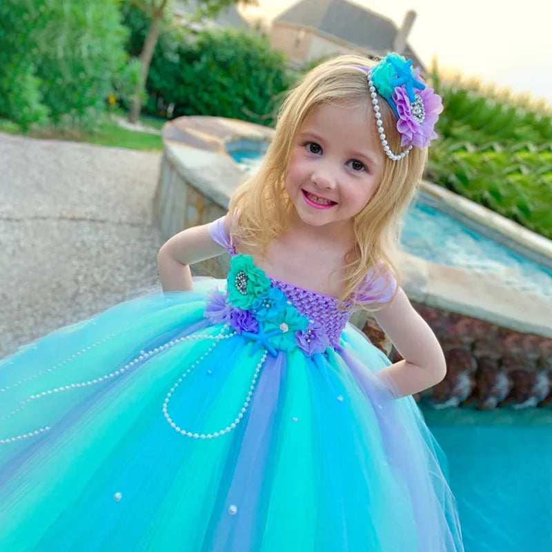 Mermaid Pearl Flower Dress with Hairbow Girls Tutu Dress Mermaid Tutu Dress | Mermaid Dress | Mermaid Outfit-CheekyMeeky