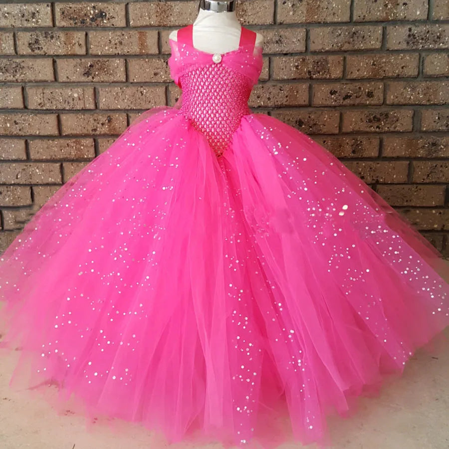 Girls Pink Glitter Tutu Dress Kids Crochet Sparkle Tulle Dress Long Ball Gown Children Birthday Party Princess Dress, Sparkle tutu Dress,Pink Princess Dress-CheekyMeeky