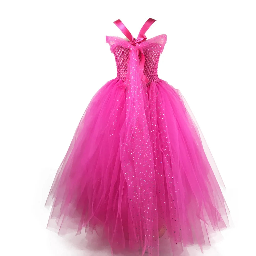 Girls Pink Glitter Tutu Dress Kids Crochet Sparkle Tulle Dress Long Ball Gown Children Birthday Party Princess Dress, Sparkle tutu Dress,Pink Princess Dress-CheekyMeeky