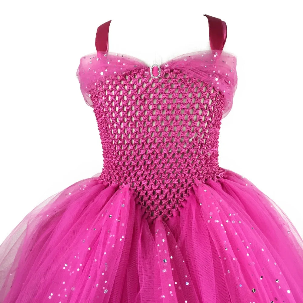 Girls Pink Glitter Tutu Dress Kids Crochet Sparkle Tulle Dress Long Ball Gown Children Birthday Party Princess Dress, Sparkle tutu Dress,Pink Princess Dress-CheekyMeeky