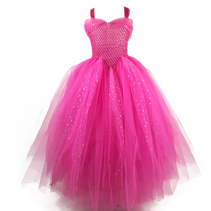 Girls Pink Glitter Tutu Dress Kids Crochet Sparkle Tulle Dress Long Ball Gown Children Birthday Party Princess Dress, Sparkle tutu Dress,Pink Princess Dress-CheekyMeeky