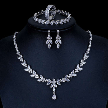 Teardrop Silver Wedding Necklace Earrings Bracelet Ring Set | Bridal Necklace Set | CZ Wedding Necklace Set | Crystal Bridal Set-CheekyMeeky