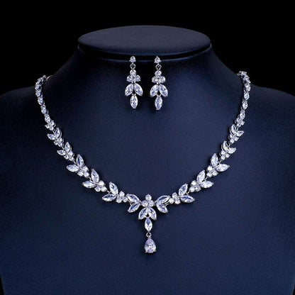 Silver Bridal necklace and earrings| Bridal jewelry set | Wedding necklace set| Leaf style Wedding jewellery for bride