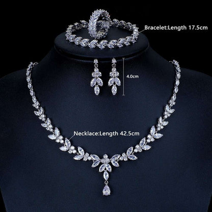 Teardrop Silver Wedding Necklace Earrings Bracelet Ring Set | Bridal Necklace Set | CZ Wedding Necklace Set | Crystal Bridal Set-CheekyMeeky