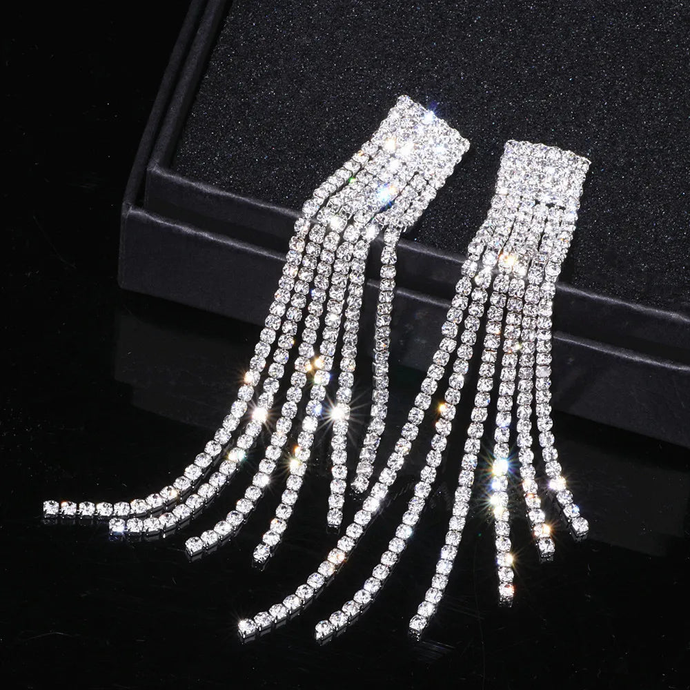 Crystal Wedding Earrings, Big Bridal Earrings,Long Tassel Earrings,Bridal Drop Dangling Earrings,Wedding earrings-CheekyMeeky