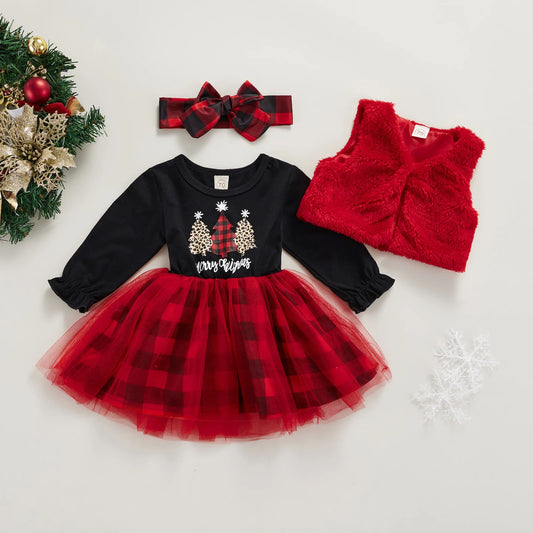Newborn Baby Girls Clothes Sets Fashion Christmas Dress Plush vest Headband 3Pcs Toddler Infant Clothing Outfits