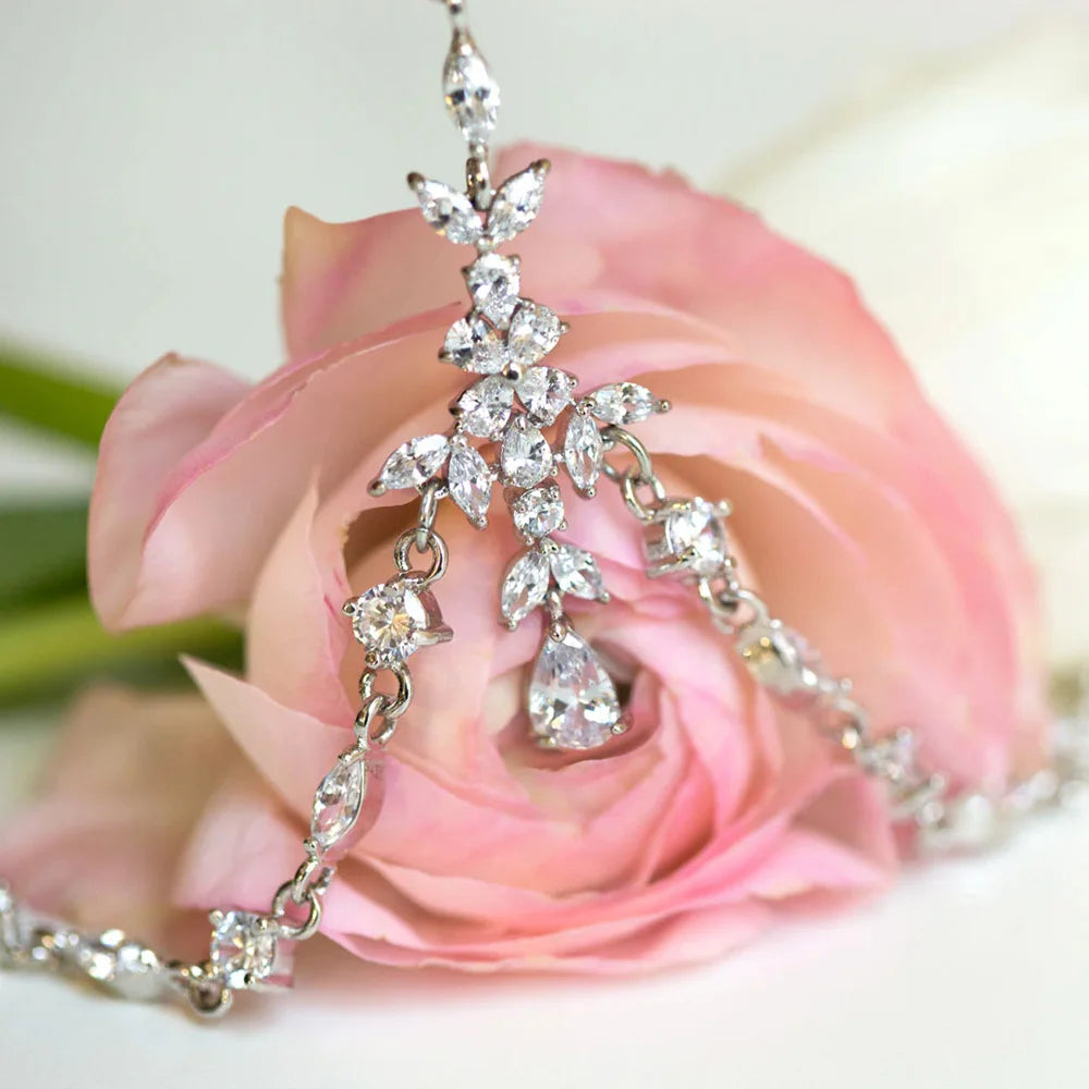 Boho Bridal Wedding Head Chain Exquisite Cubic Zirconia Leaf Forehead Headband Chain Hair Jewelry for Women Headpiece-CheekyMeeky