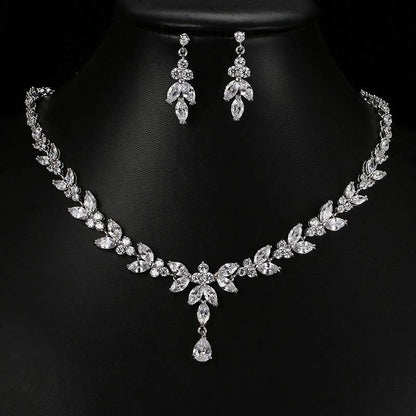 Silver Bridal necklace and earrings| Bridal jewelry set | Wedding necklace set| Leaf style Wedding jewellery for bride