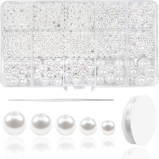 TheliCraft 15 Grid 1400Pcs 3mm 4mm 6mm 8mm 10mm 12mm 14mm Pearl for Bracelet Making Kit ABS White Pearls for DIY Jewelry Necklace