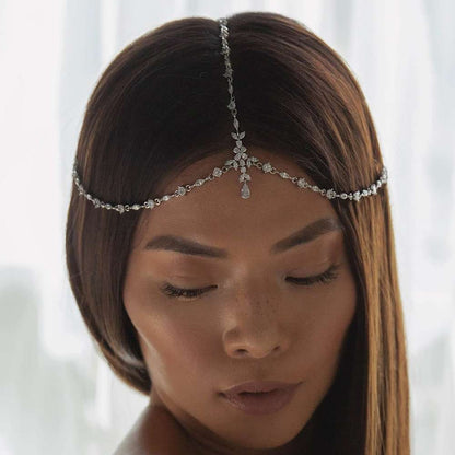 Boho Bridal Wedding Head Chain Exquisite Cubic Zirconia Leaf Forehead Headband Chain Hair Jewelry for Women Headpiece-CheekyMeeky